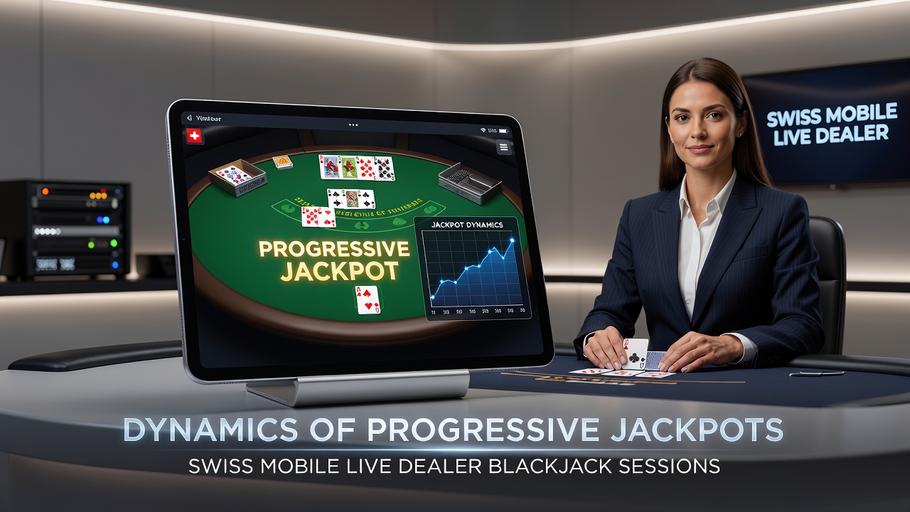 Close-up of a live dealer handling cards during a Swiss mobile blackjack session with progressive jackpot display